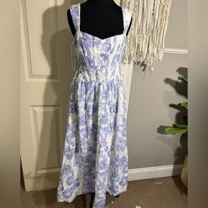 Aqua Blue and White Floral Midi Dress